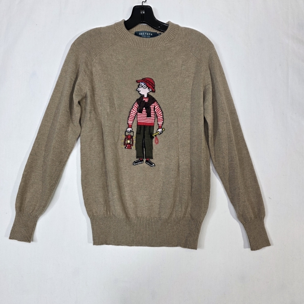 Dreyden Italian cashmere knit dark Beige Crewneck Sweater with Character Motif